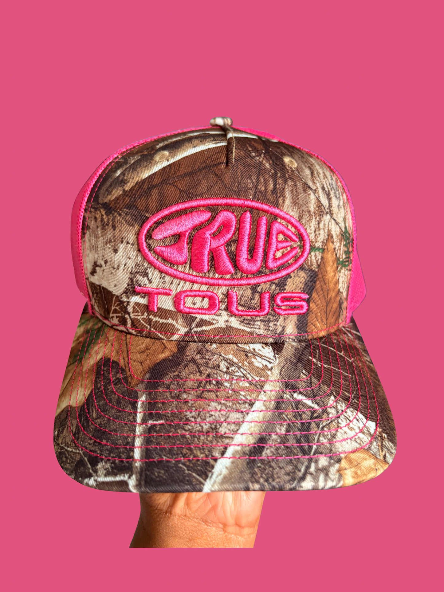 True to Us Logo Trucker in Real Tree Pink
